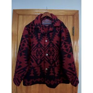 Vtg Woolrich Southwestern Wool‎ Barn Chore Coat Mens XL Black Burgundy Made USA